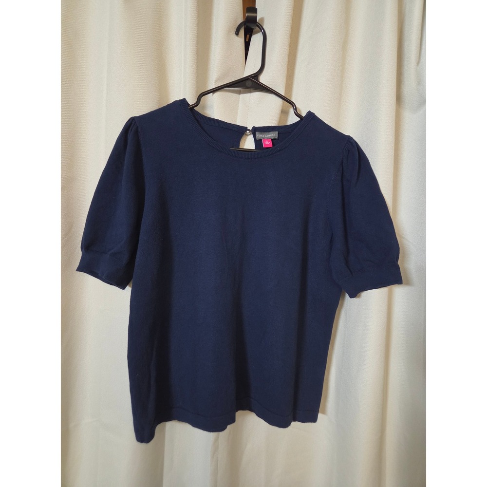 Vince Camuto Navy Blue Puff Short Sleeve Keyhole Back Sweater Size L